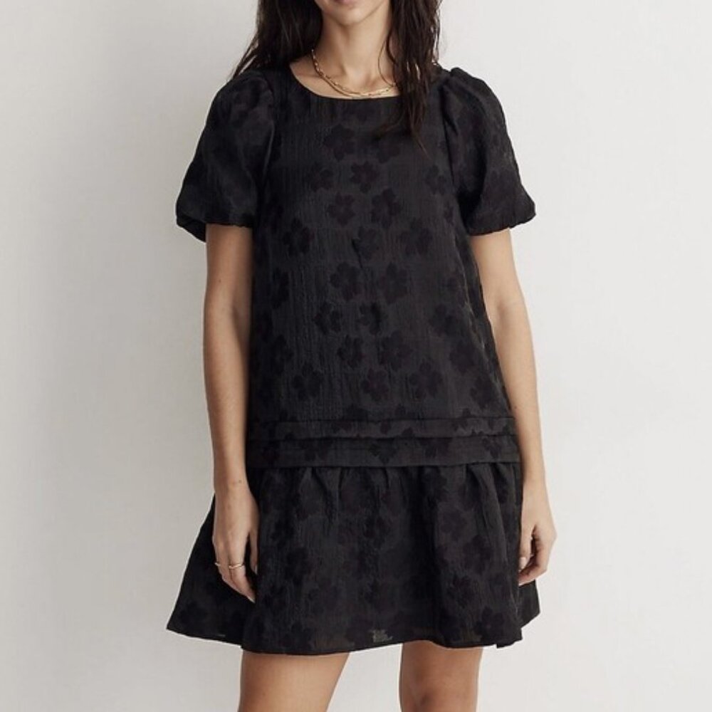 MADEWELL Puff-Sleeve Pleated Mini Babydoll Dress in Black Floral Jacquard